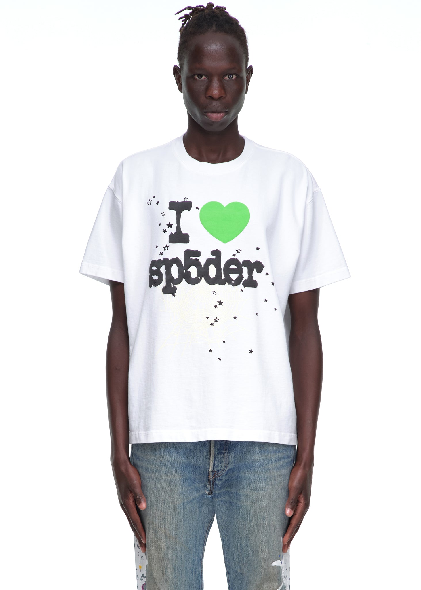 White 14oz cotton Souvenir Tee with "I ❤️ sp5der" graphic, black stars, and green heart.