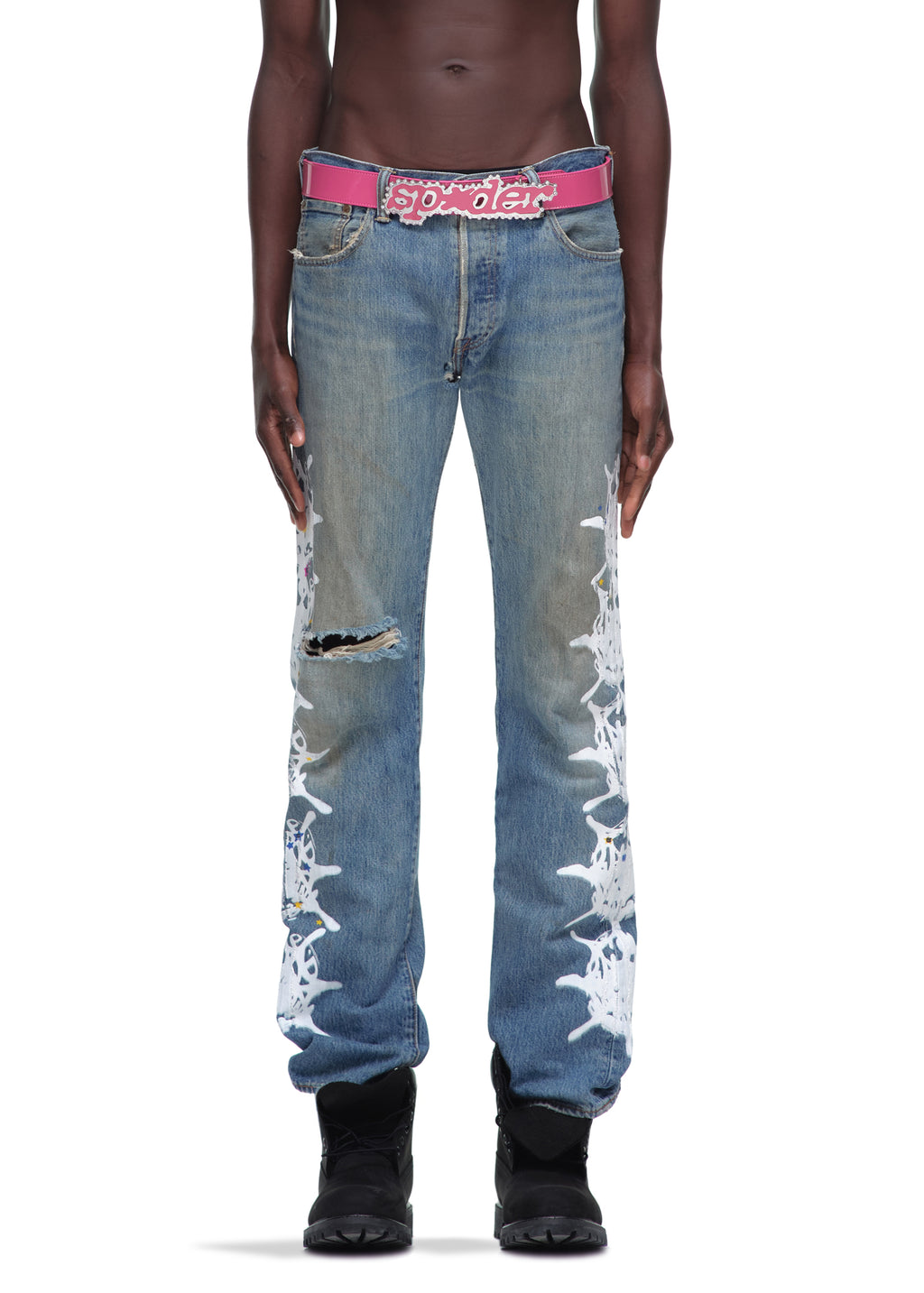 P*NK V2 BELT: Pink patent leather belt with rhinestone SP5DER buckle.