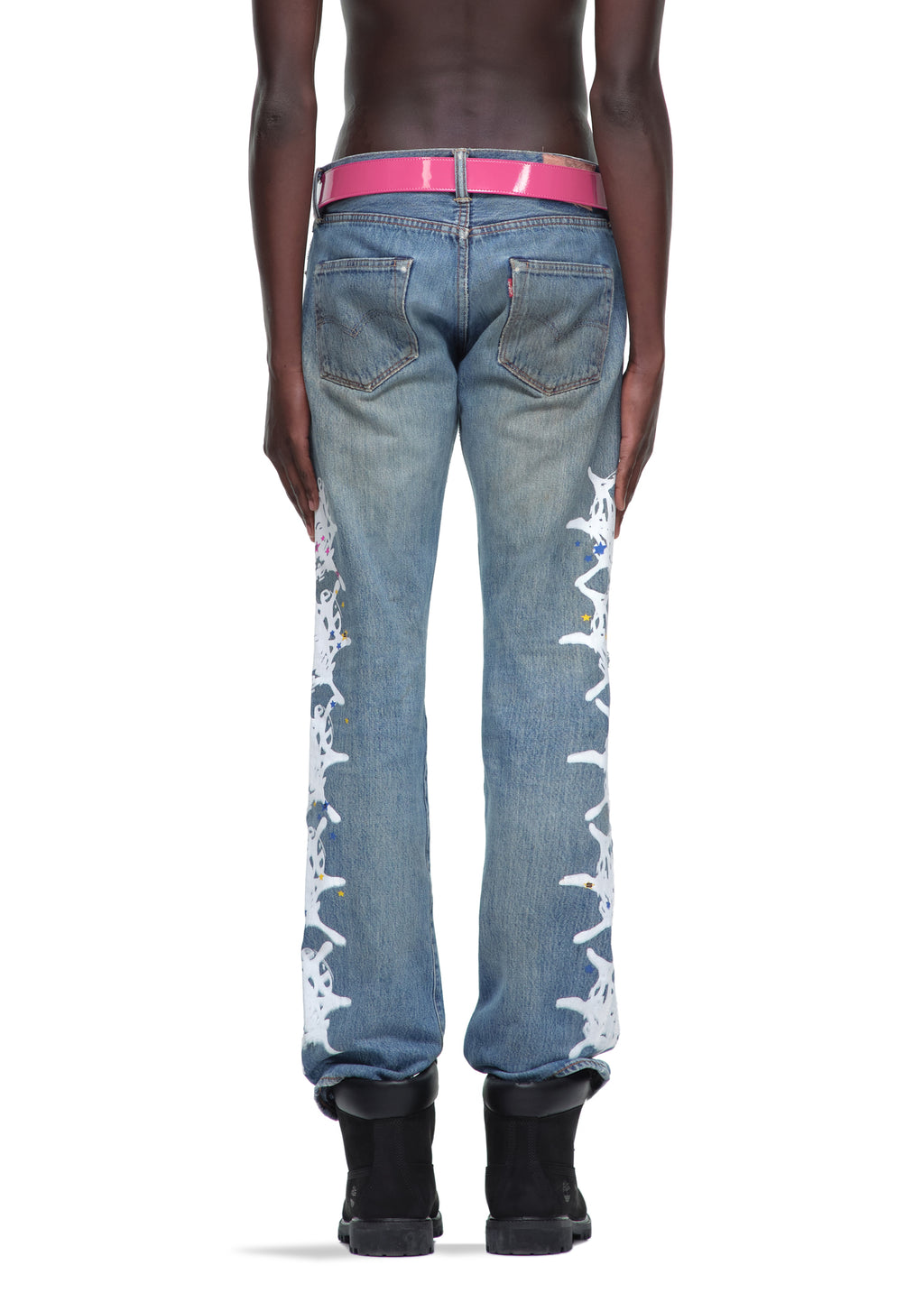 P*NK V2 BELT: Pink patent leather belt with rhinestone and stud detail, SP5DER text buckle.