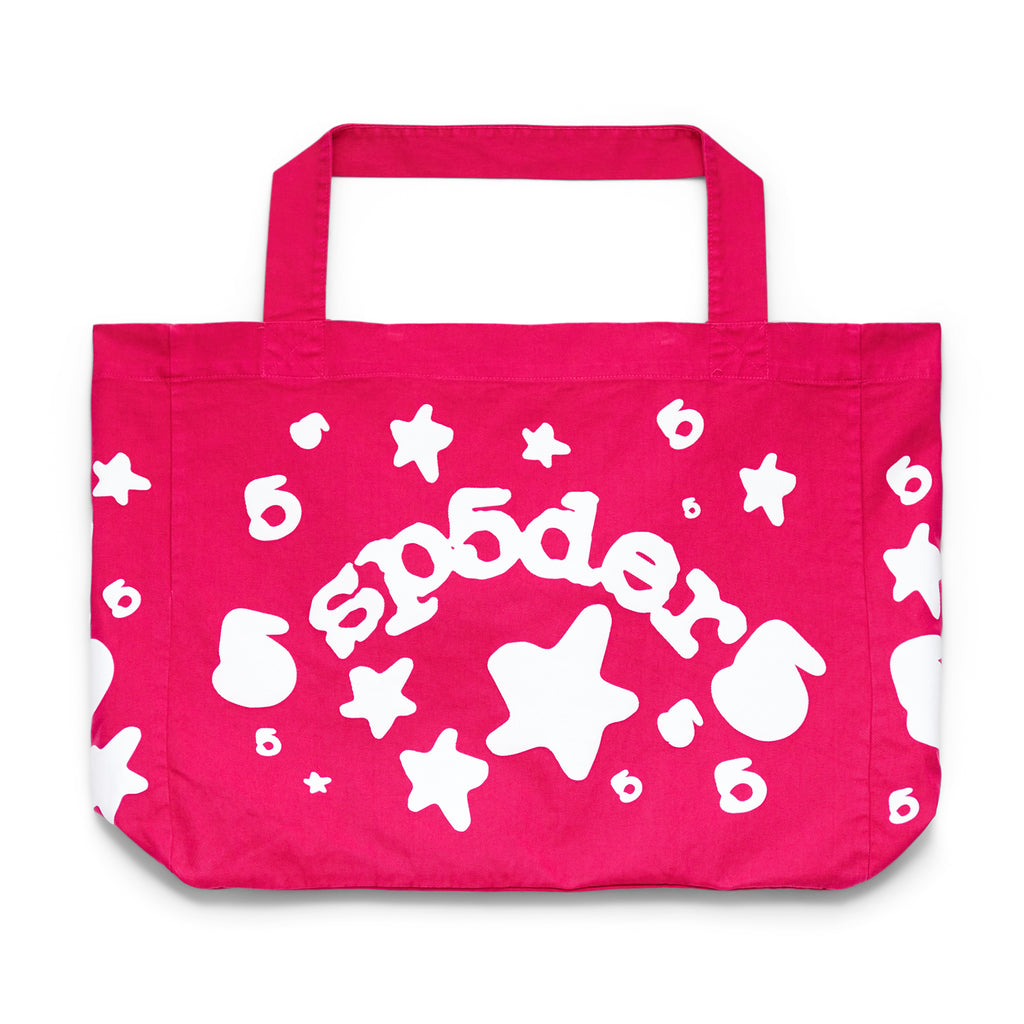 Pink 8oz brushed twill Beluga tote bag with white puff print stars and "sp5der" logo.