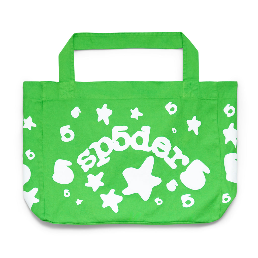 Green 8oz twill Beluga tote bag with white "sp5der" puff print, stars, and "6" graphics.