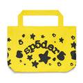 Yellow brushed twill Beluga tote bag with black "sp5der" print, stars, and numbers.