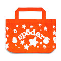 Orange 8oz twill tote bag with white "sp5der" puff print, stars, and "6" graphics.