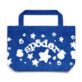 Blue 8oz brushed twill tote bag with white "sp5der" puff print, stars, and numbers.