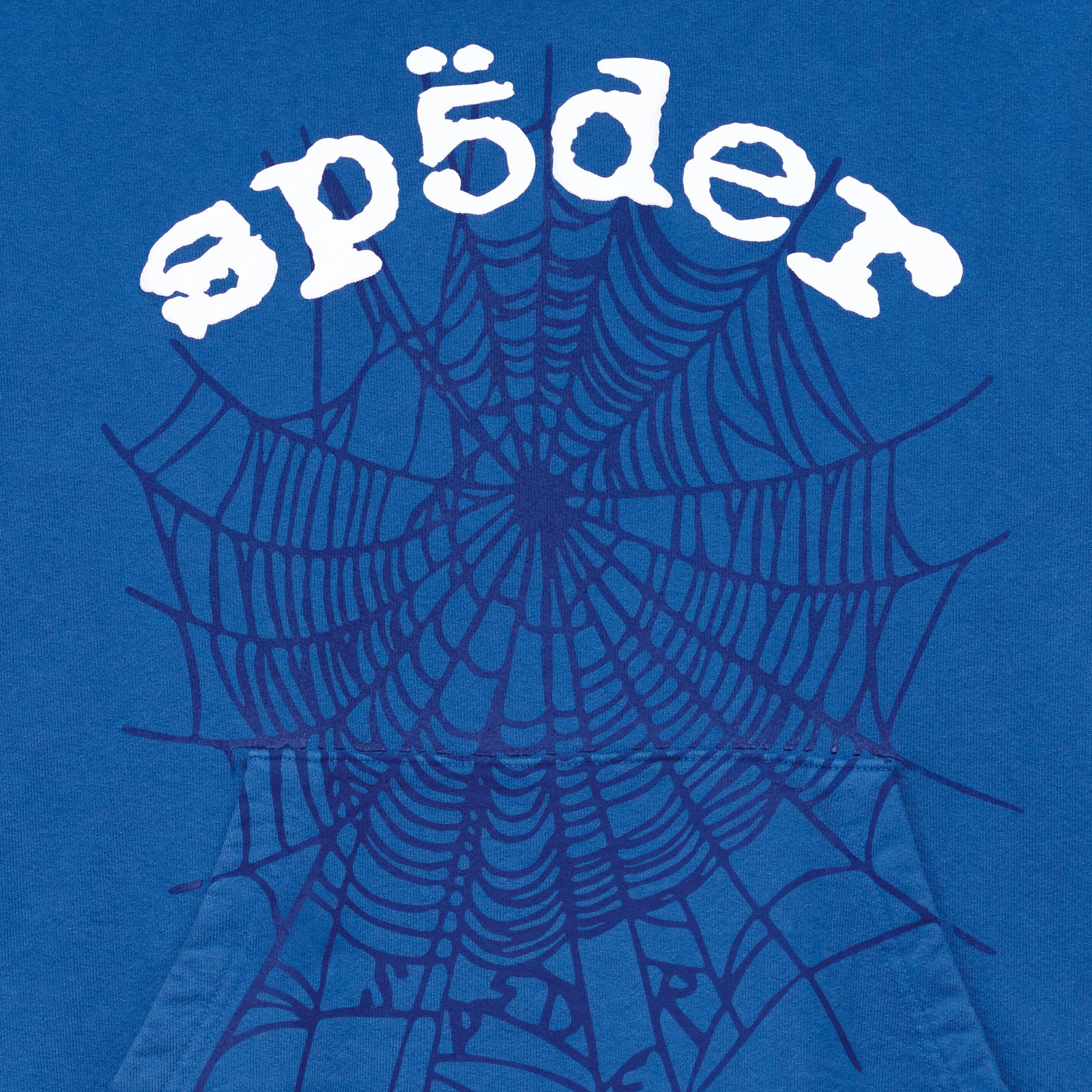 Blue LEGACY HOODIE with white "sp5der" text and dark blue spider web print on front.