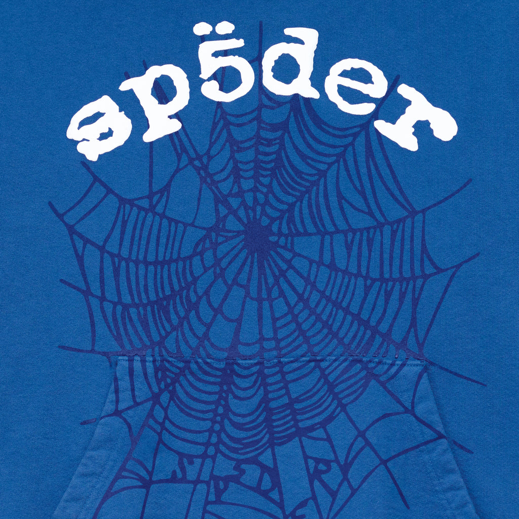 Blue LEGACY HOODIE with white "sp5der" text and dark blue spider web print on front.