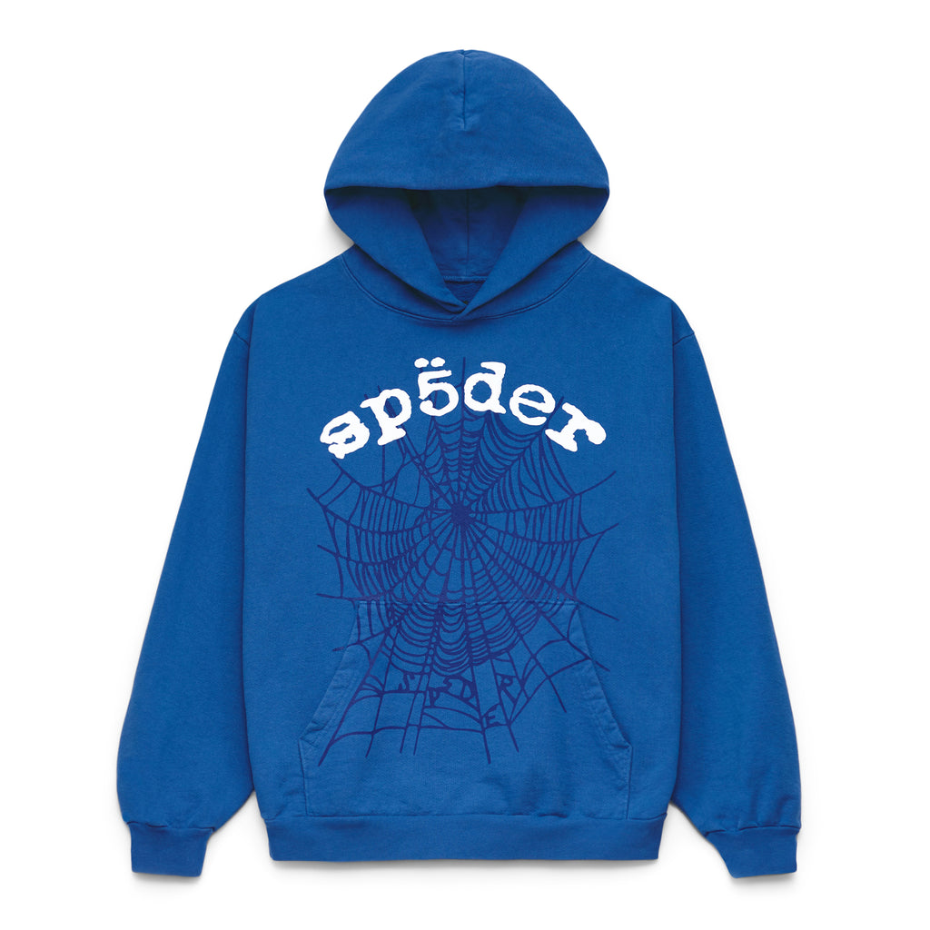 Blue 23oz fleece Legacy Hoodie with white "sp5der" text and a dark blue spider web print.