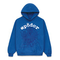 Blue 23oz fleece Legacy Hoodie with white "sp5der" text and a dark blue spider web print.