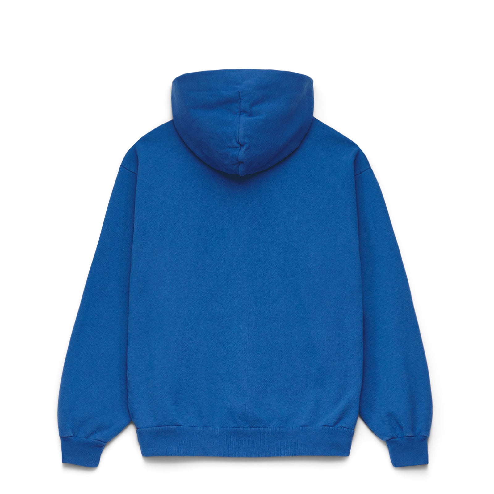 Back view of a plain royal blue Legacy Hoodie, 23oz fleece, with hood and ribbed cuffs.