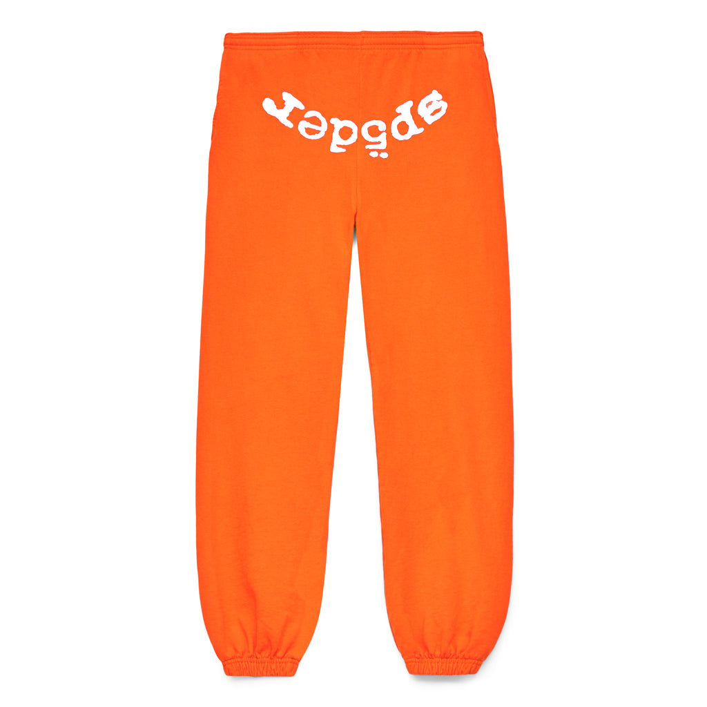 Orange LEGACY SWEATPANT with white "Sp5der" puff/discharge print on the waistband.