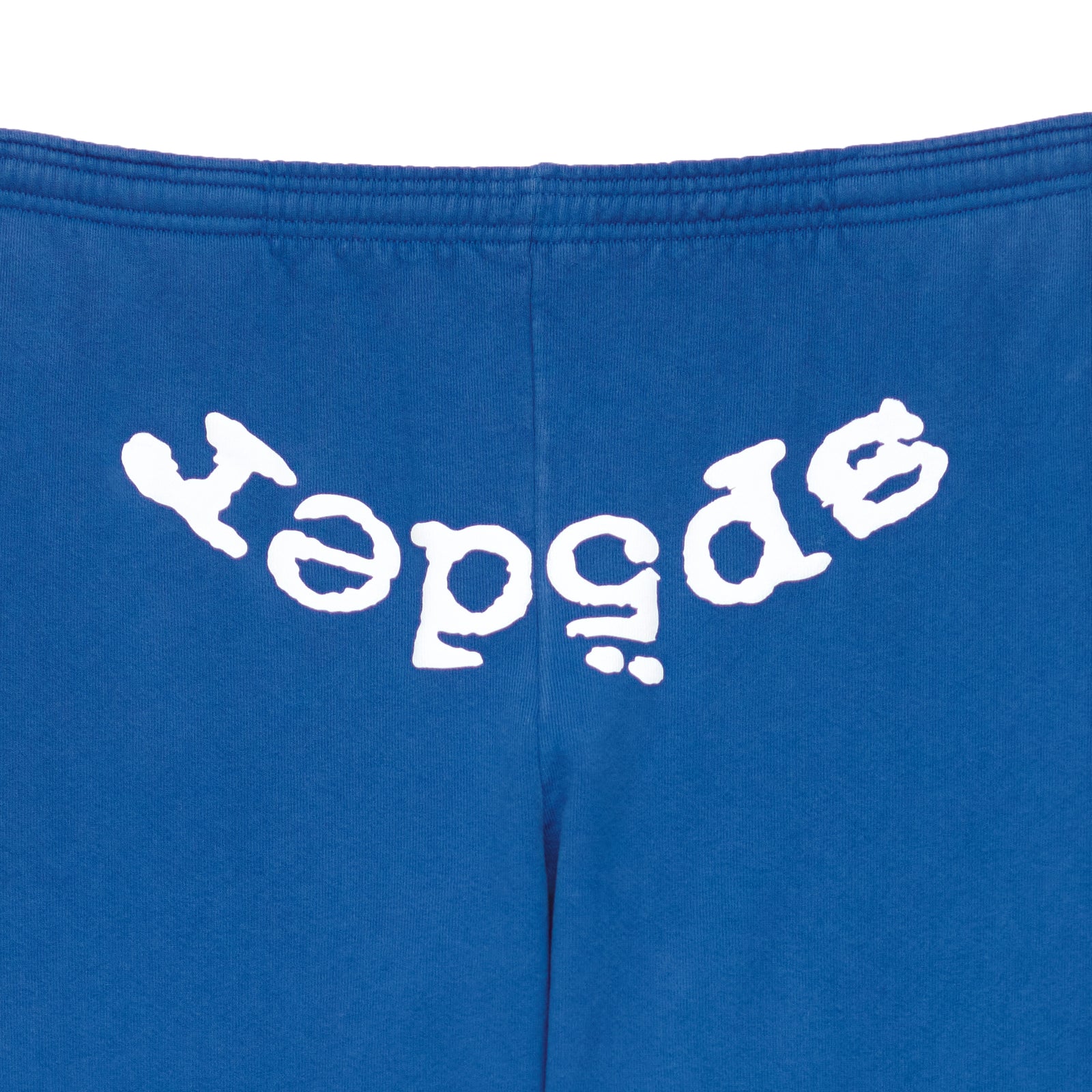 Blue LEGACY SWEATPANT with white puff print "Sp5der" text on the back waistband.