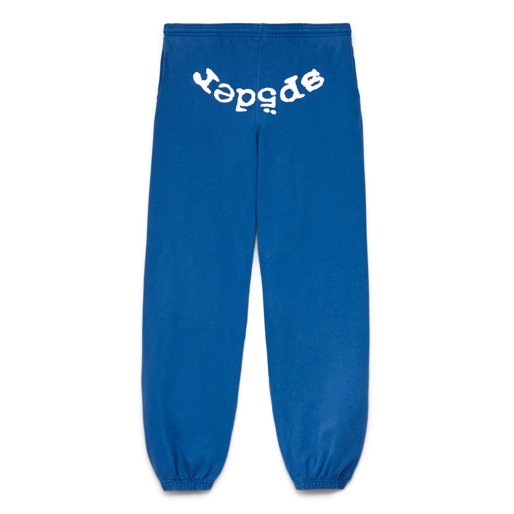 Blue 23oz fleece LEGACY SWEATPANT with white curved "Sp5der" puff print text.