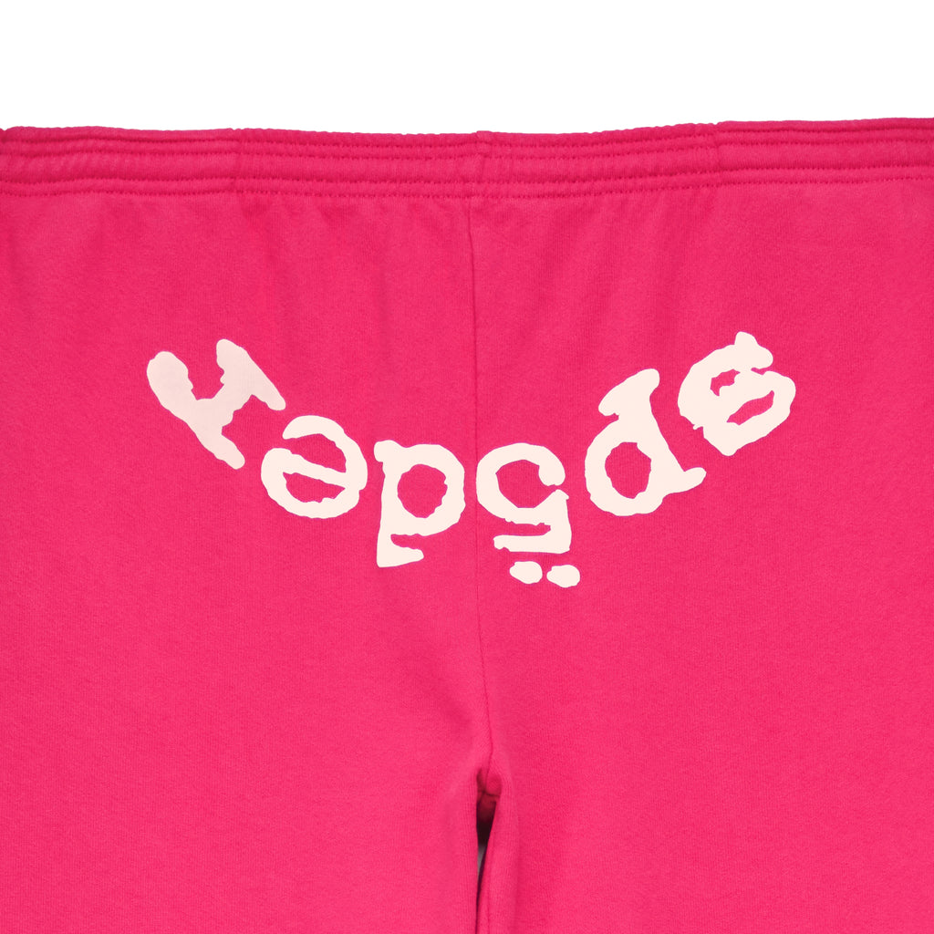Pink LEGACY SWEATPANT, 23oz fleece, with white arched "Sp5der" puff print text.