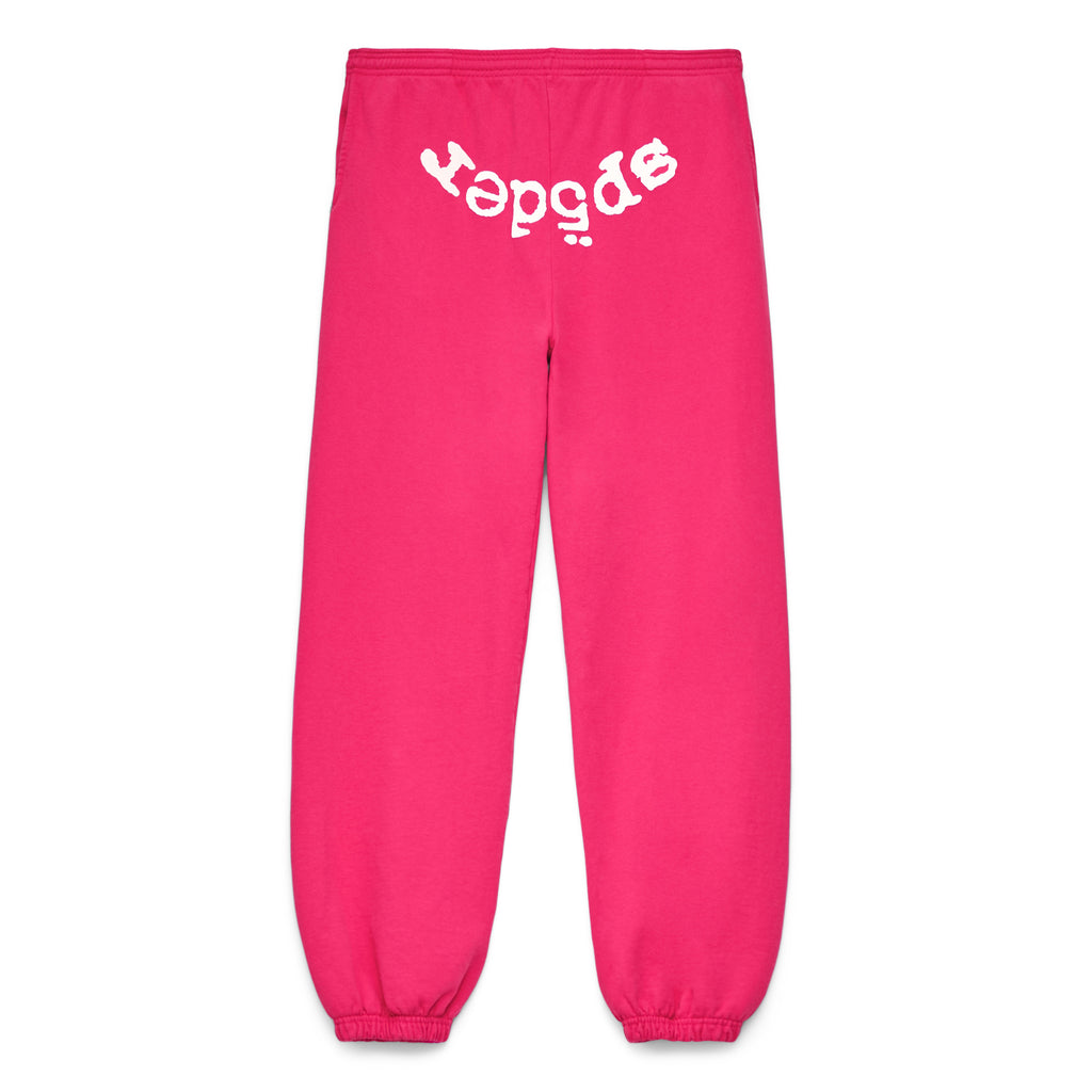 LEGACY SWEATPANT in hot pink 23oz fleece with white puff print "SP5DER" text across the rear.