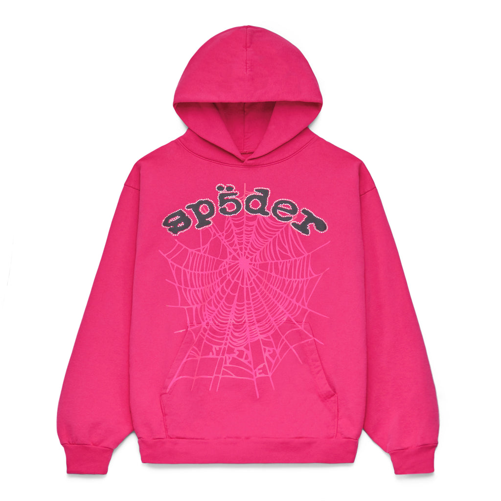 Fuchsia LEGACY HOODIE with rhinestone "sp5der" text and web print.
