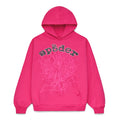 Fuchsia LEGACY HOODIE with rhinestone "sp5der" text and web print.