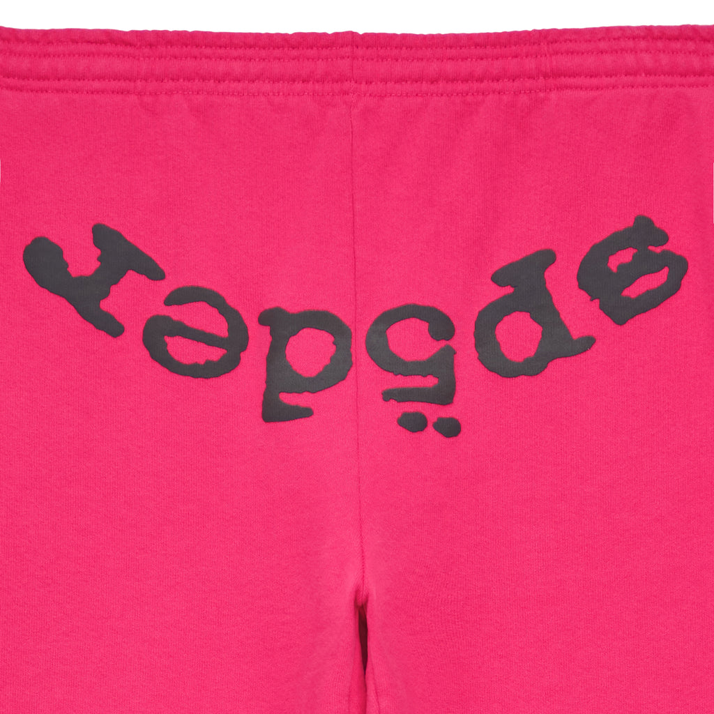 Pink LEGACY SWEATPANT with black "Sp5der" puff and discharge print text.