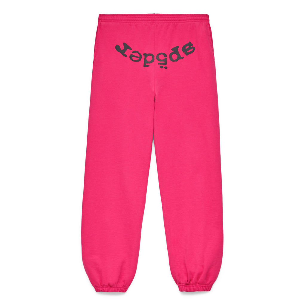 Pink LEGACY SWEATPANT with black "sp5der" puff print, 23oz fleece.