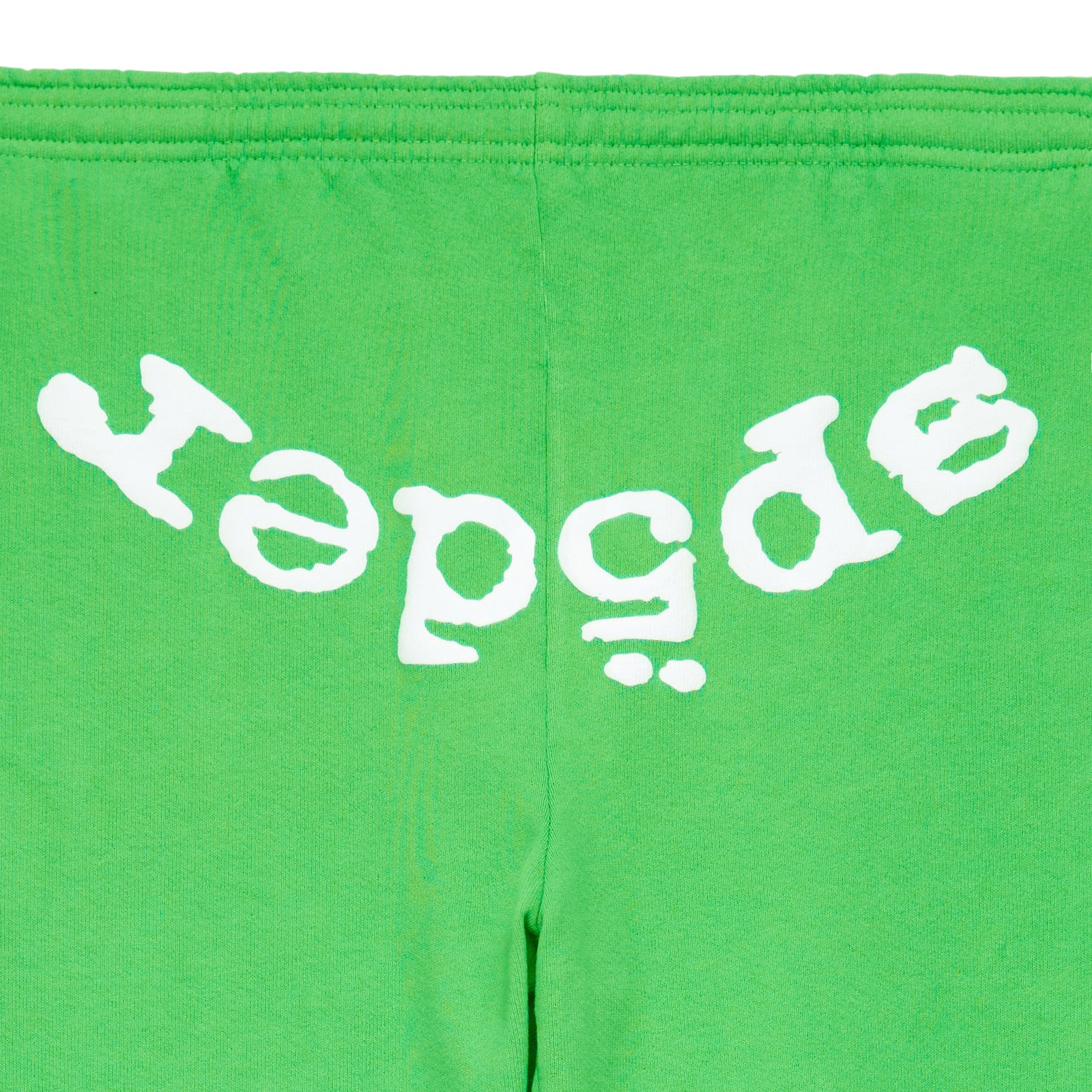 Green LEGACY SWEATPANT with white "sp5der" puff/discharge print.
