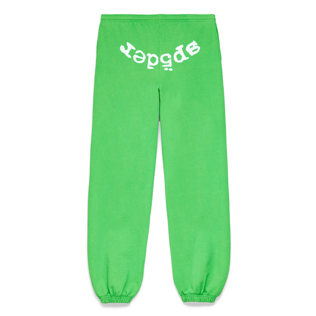 Green 23oz fleece sweatpants with white "SP5DER" puff/discharge print text on the back.