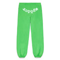 Green 23oz fleece sweatpants with white "SP5DER" puff/discharge print text on the back.