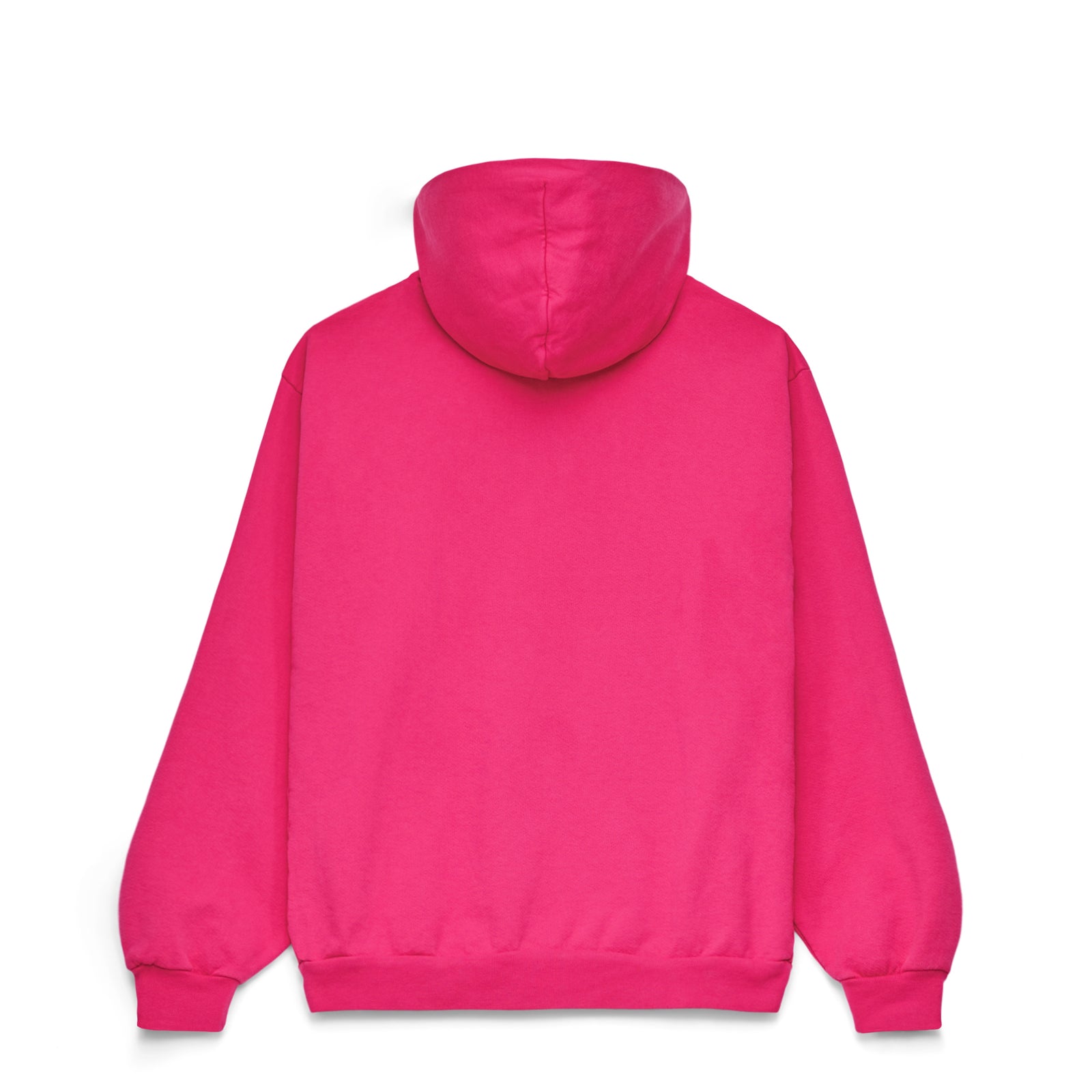 Back of a bright pink LEGACY HOODIE, 23oz fleece, with no visible print.