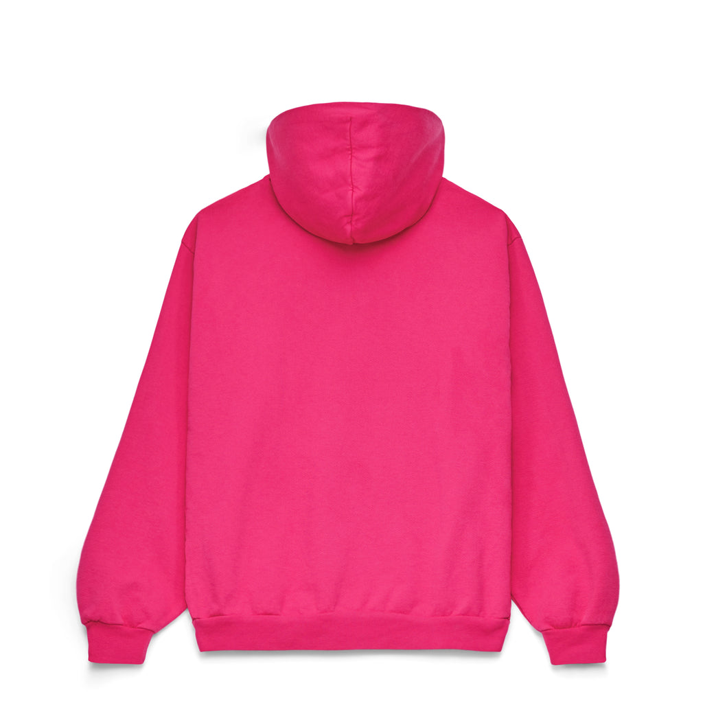 Back of a bright pink LEGACY HOODIE, 23oz fleece, with no visible print.