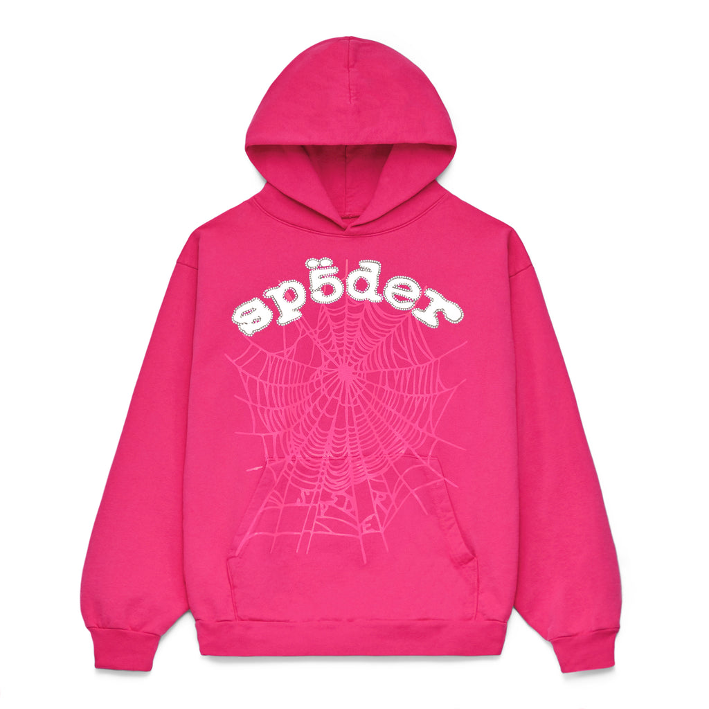 Pink Legacy Hoodie with rhinestone "sp5der" text and web print.