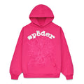 Pink Legacy Hoodie with rhinestone "sp5der" text and web print.