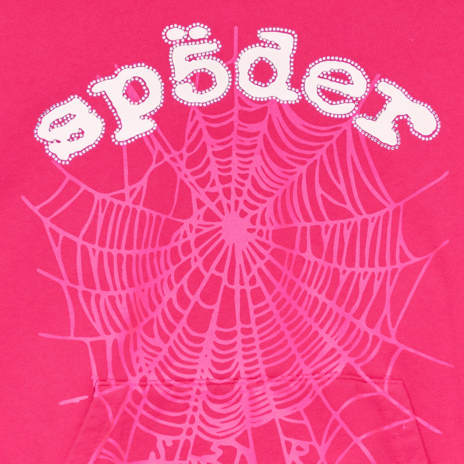 Pink Legacy Hoodie with white rhinestone "SP5DER" text and a pink web print.
