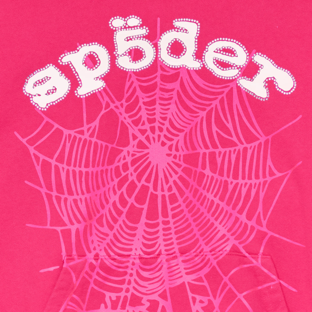 Pink Legacy Hoodie with white rhinestone "SP5DER" text and a pink web print.