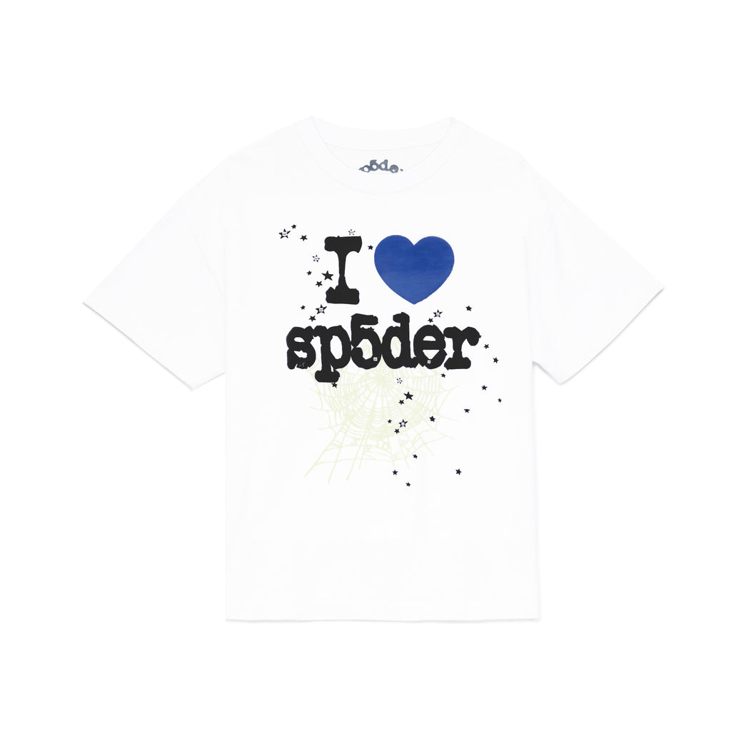 White cotton Souvenir Tee with "I ❤️ sp5der" graphic, stars, and spiderweb print.