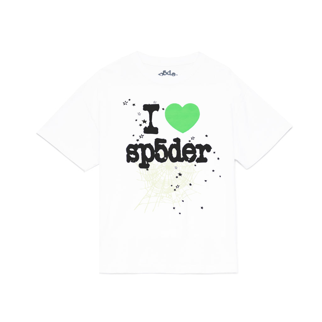 White 14oz cotton Souvenir Tee with "I love sp5der" graphic, green heart, stars, and spiderweb print.