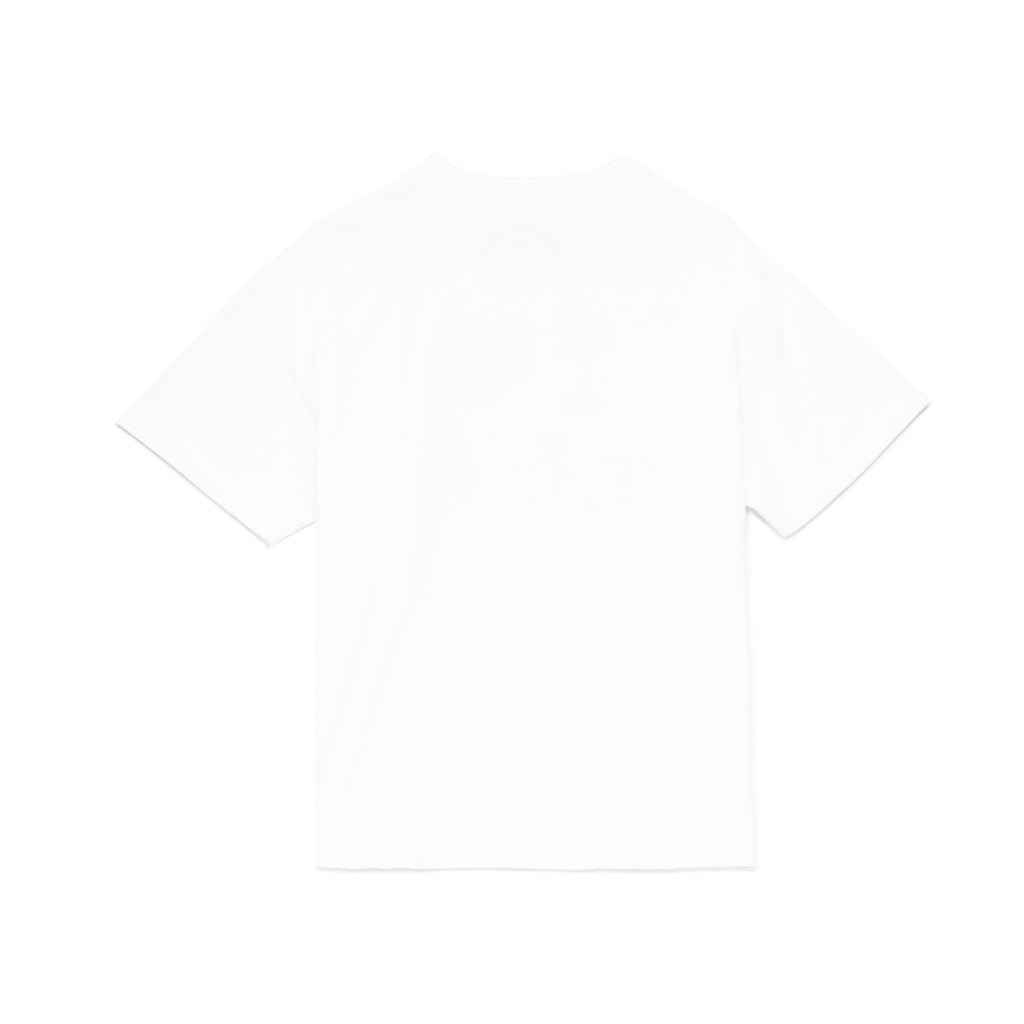 Back view of a plain white 14oz cotton standard fit Souvenir Tee.