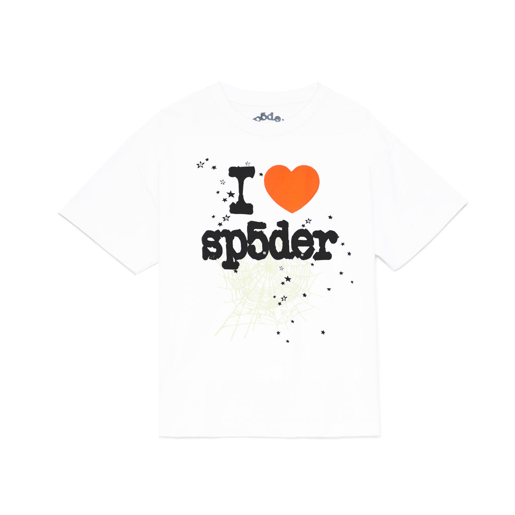 White 14oz cotton Souvenir Tee with "I ❤️ sp5der" graphic, stars, and spiderweb print.
