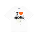 White 14oz cotton Souvenir Tee with "I ❤️ sp5der" graphic, stars, and spiderweb print.