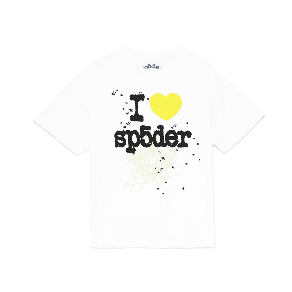 White 14oz cotton Souvenir Tee with "I ❤️ sp5der" graphic, stars, and spiderweb print.