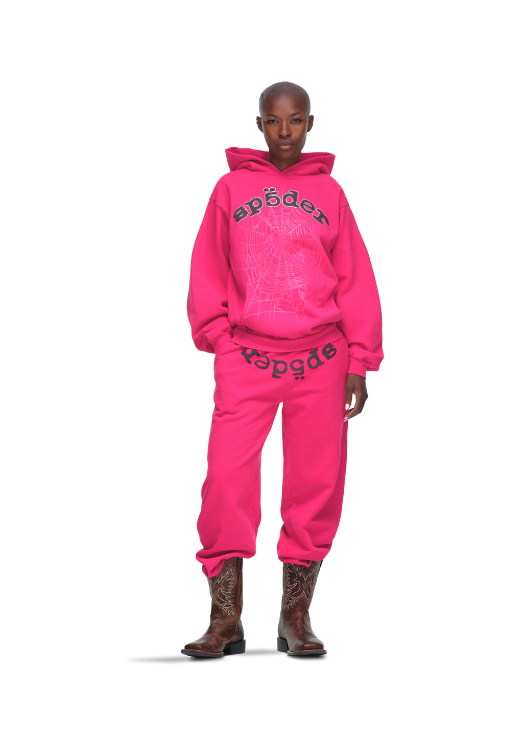 Pink Legacy Hoodie and sweatpants with "SP5DER" text, spider web, and rhinestone details.