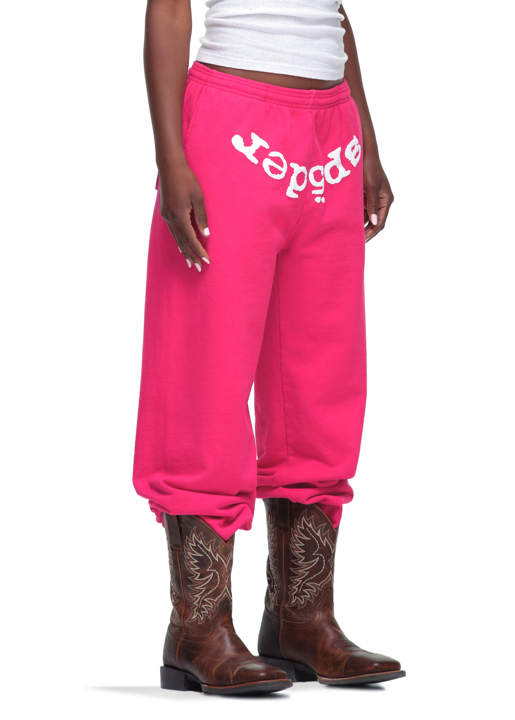 Hot pink LEGACY SWEATPANT with white puff print "Sp5der" text, made from 23oz fleece.