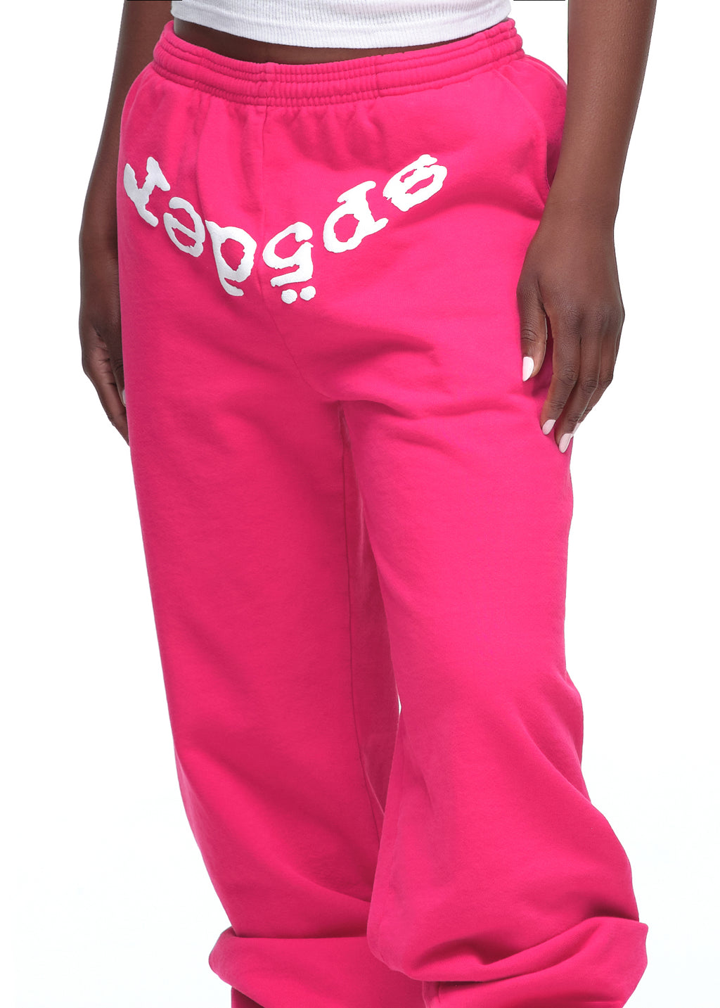 Pink 23oz fleece Legacy Sweatpants with white puff print "Sp5der" text across the front.