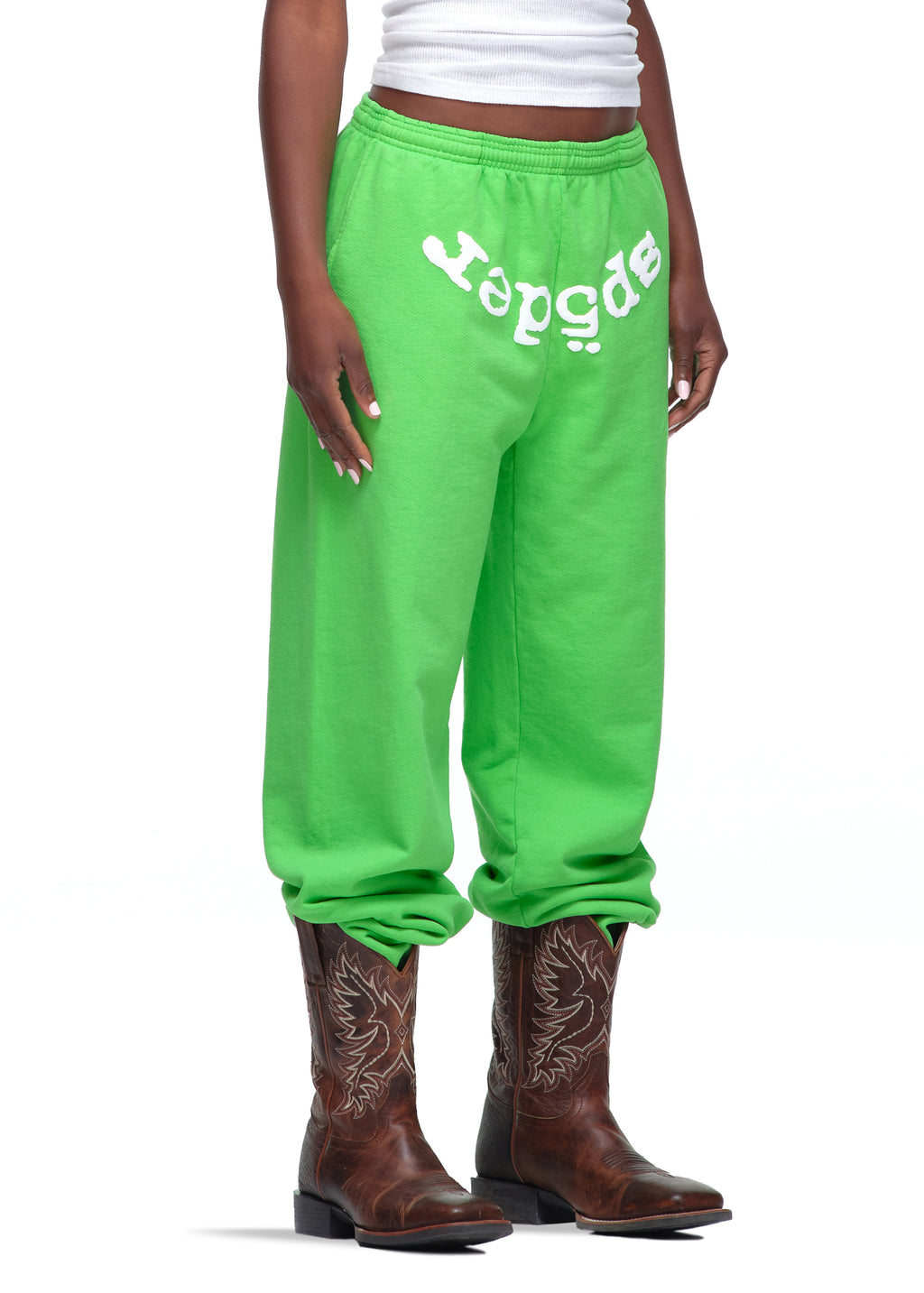 Lime green Legacy Sweatpants with white puff print "Sp5der" text, made from 23oz USA-milled fleece.