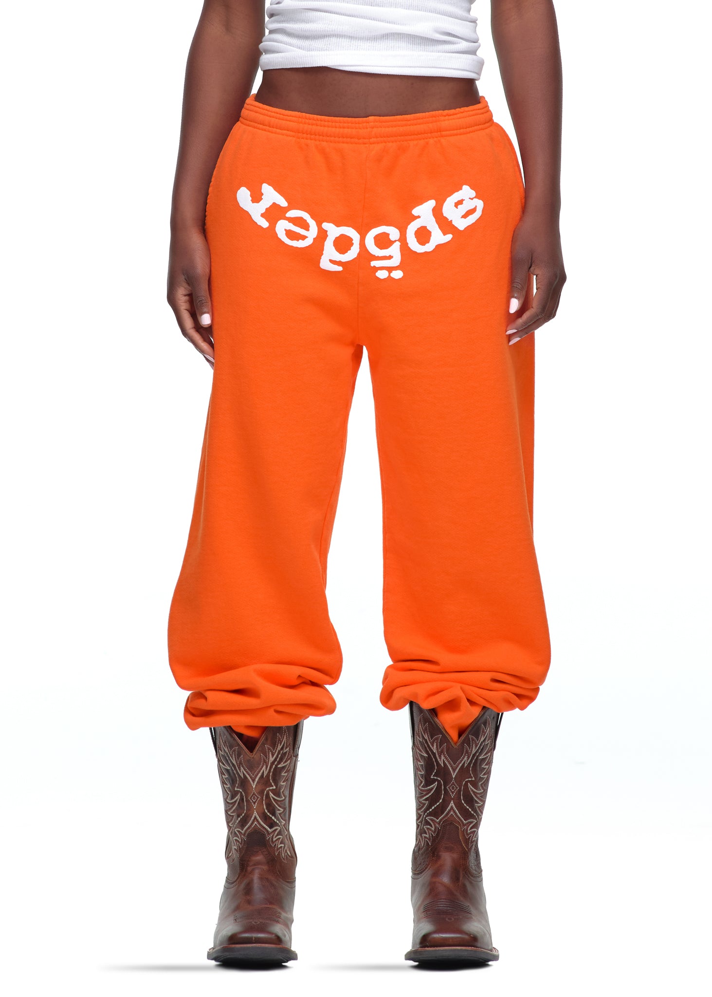 Orange LEGACY SWEATPANT with white "Sp5der" puff print, made from 23oz fleece.