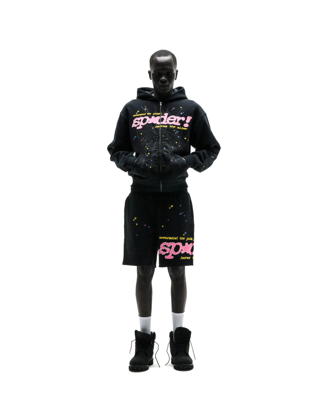 Black PUNK V2 zip-up hoodie and shorts with pink puff print and scattered stars.