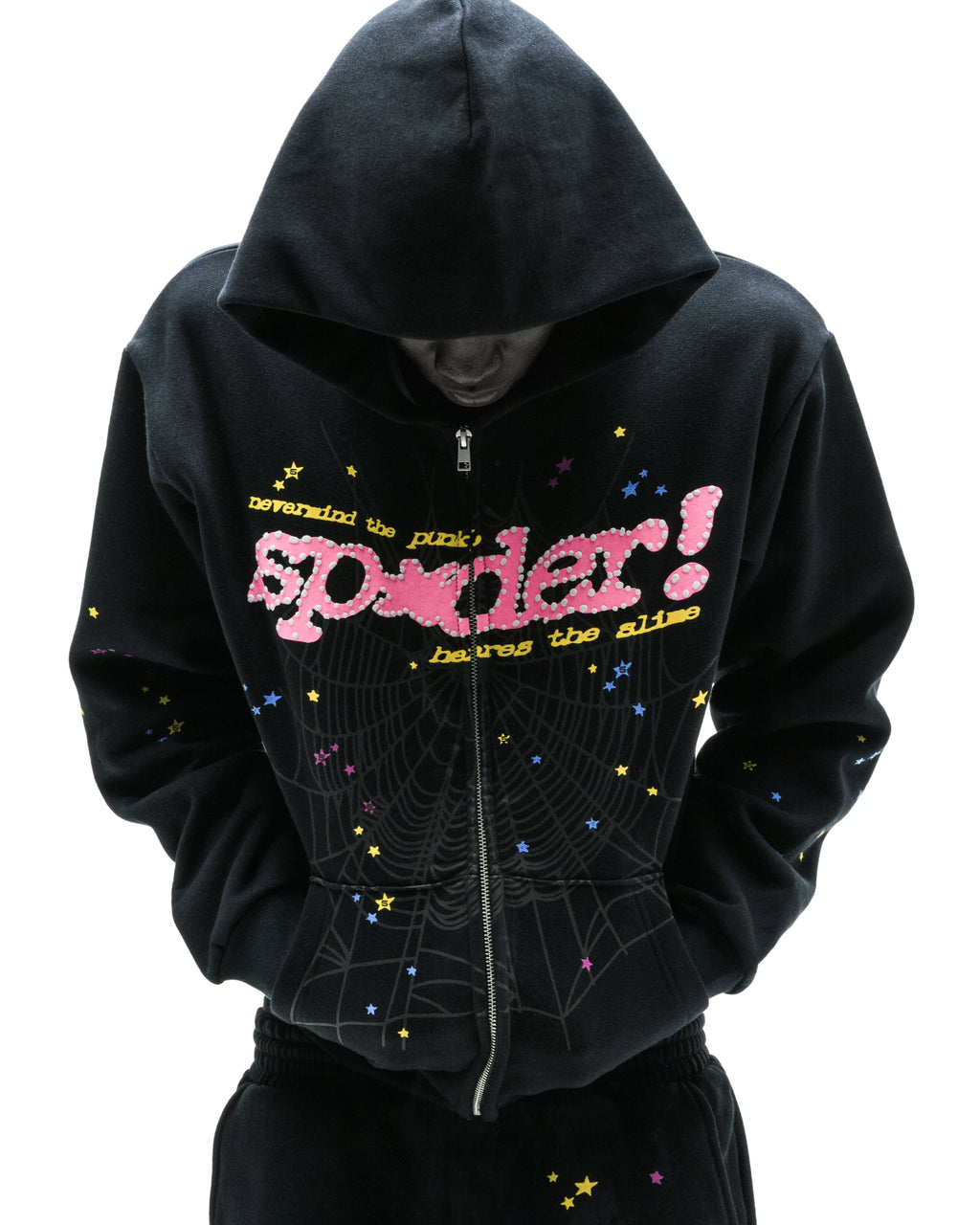 Black PUNK V2 zip-up hoodie with pink puff print, spiderweb graphic, and scattered colorful stars.
