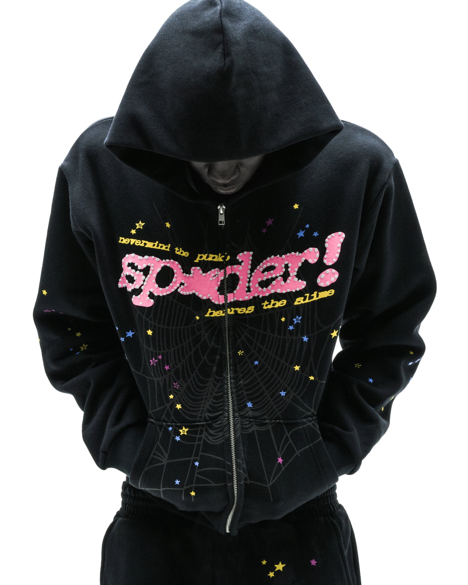 Black PUNK V2 zip-up hoodie with pink puff print, spiderweb graphic, and scattered colorful stars.