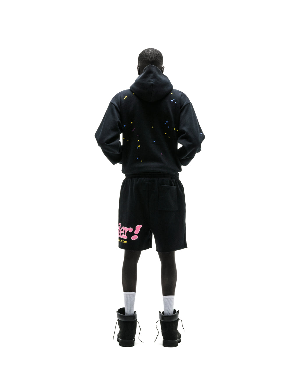 Black PUNK V2 zip-up hoodie with scattered colorful stars, paired with black shorts.