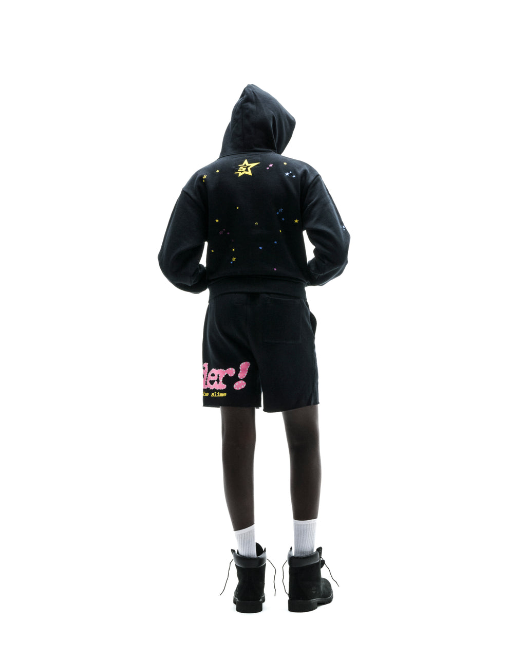 Black PUNK V2 zip-up hoodie with scattered stars and matching shorts with pink "P*NK V2" print.