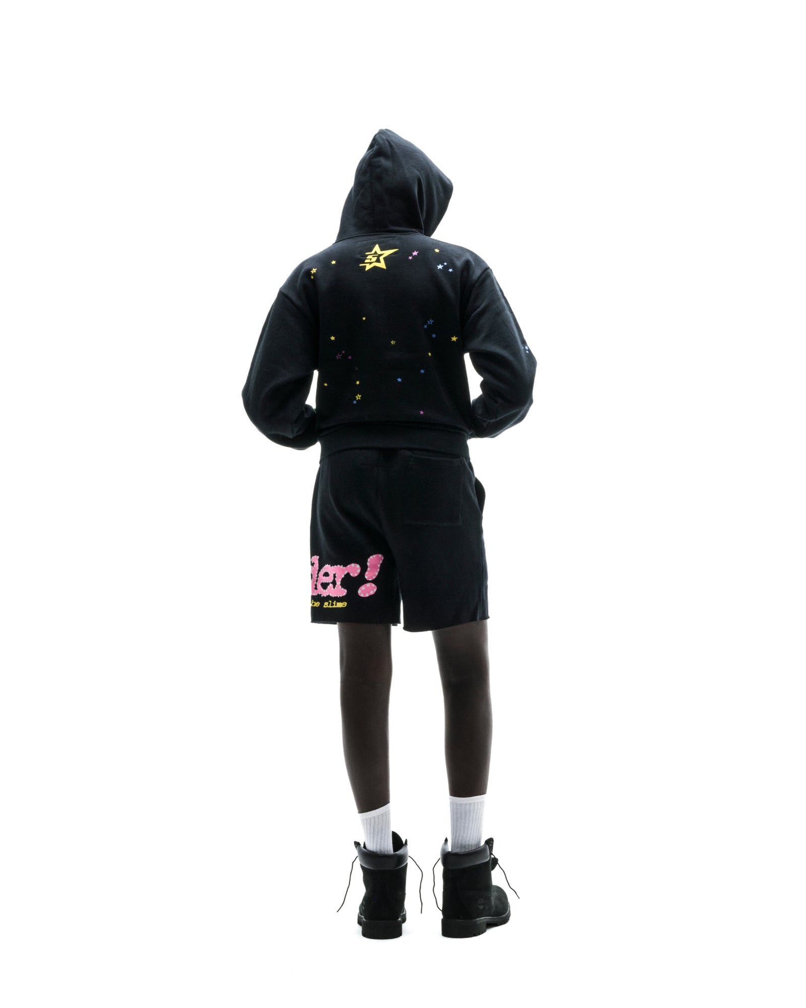 Black PUNK V2 zip-up hoodie with scattered stars and matching shorts with pink "P*NK V2" print.
