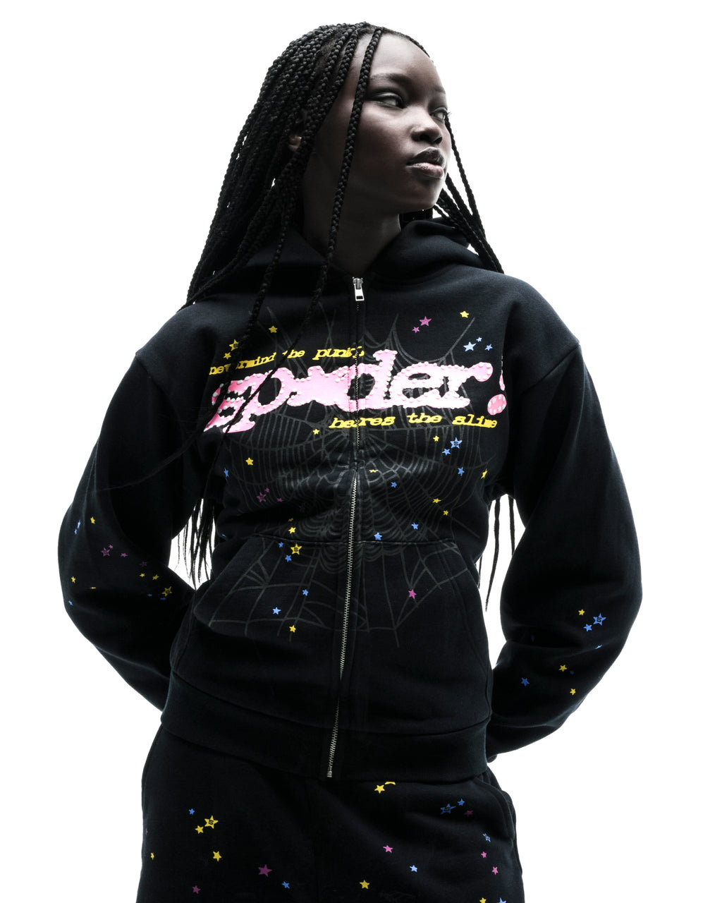 Black PUNK V2 zip-up hoodie with pink "Spider!" puff print, scattered stars, and spiderweb graphic.