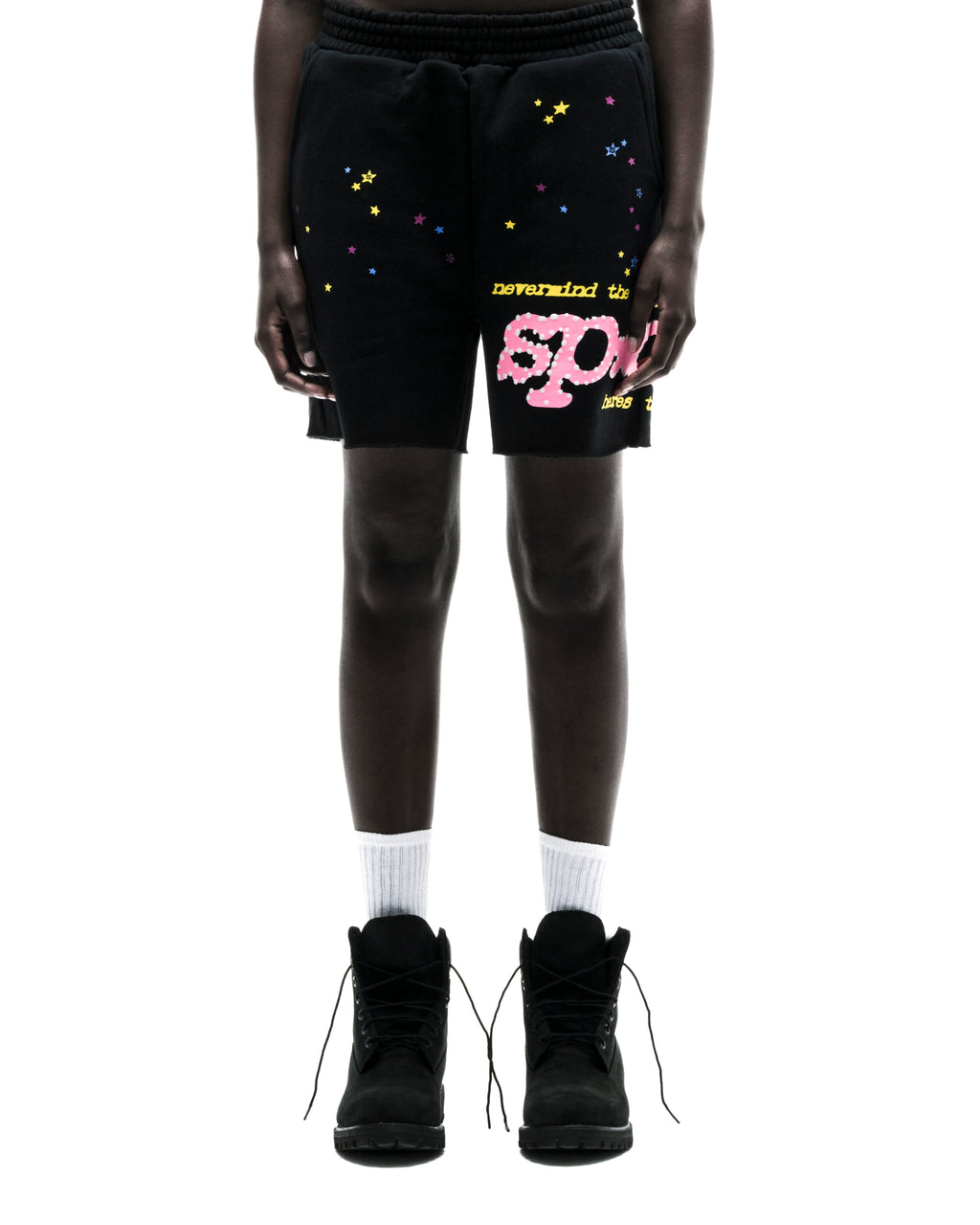 Black PUNK V2 SWEATSHORT with pink P*NK SP5DER text, scattered colorful stars, and raw hem.